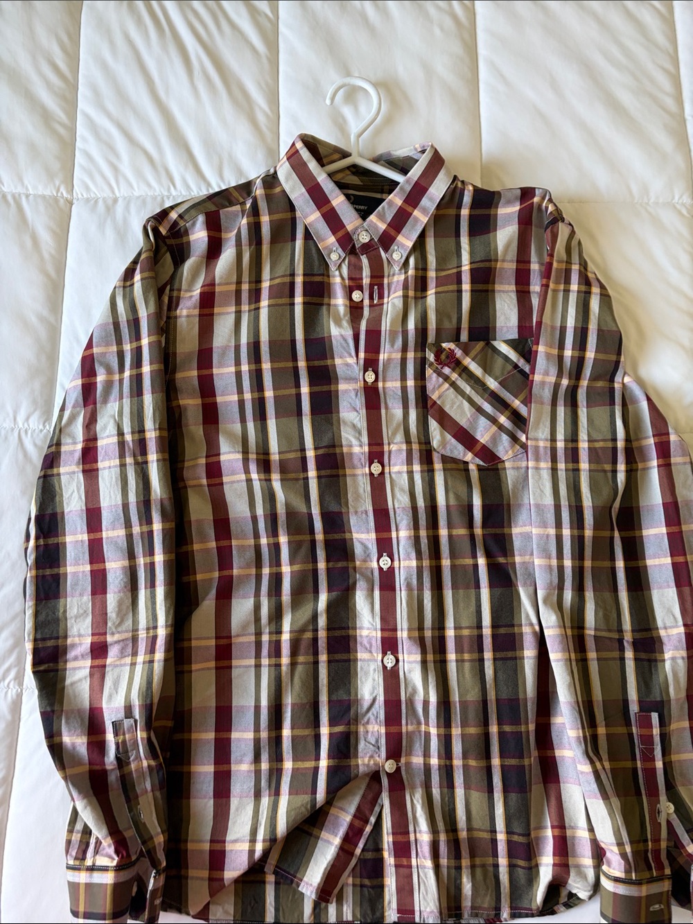 Men's Button-Down Plaid Shirt in Burgundy, Olive & Cream